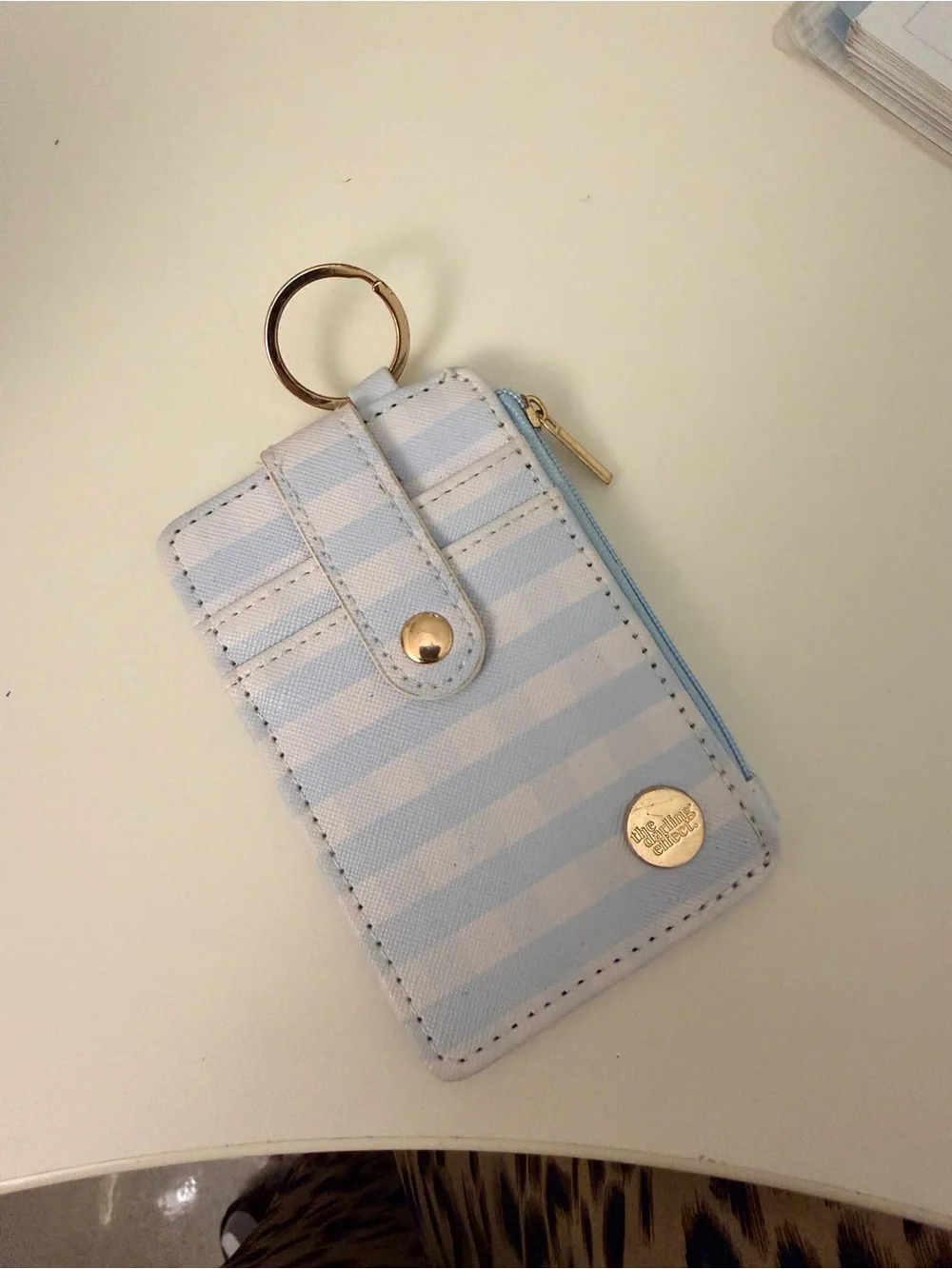The Darling Effect Light Blue Gingham Card Holder Key Ring with Zip Pocket